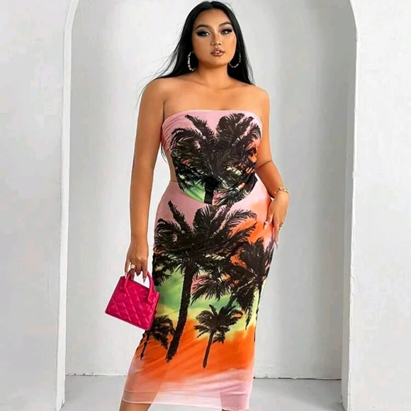 SHEIN 2XL Tropical Print Tube Top and Skirt - Picture 3 of 17